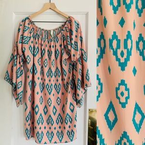 Vtg Candy Rose tribal tunic dress size L turq pink